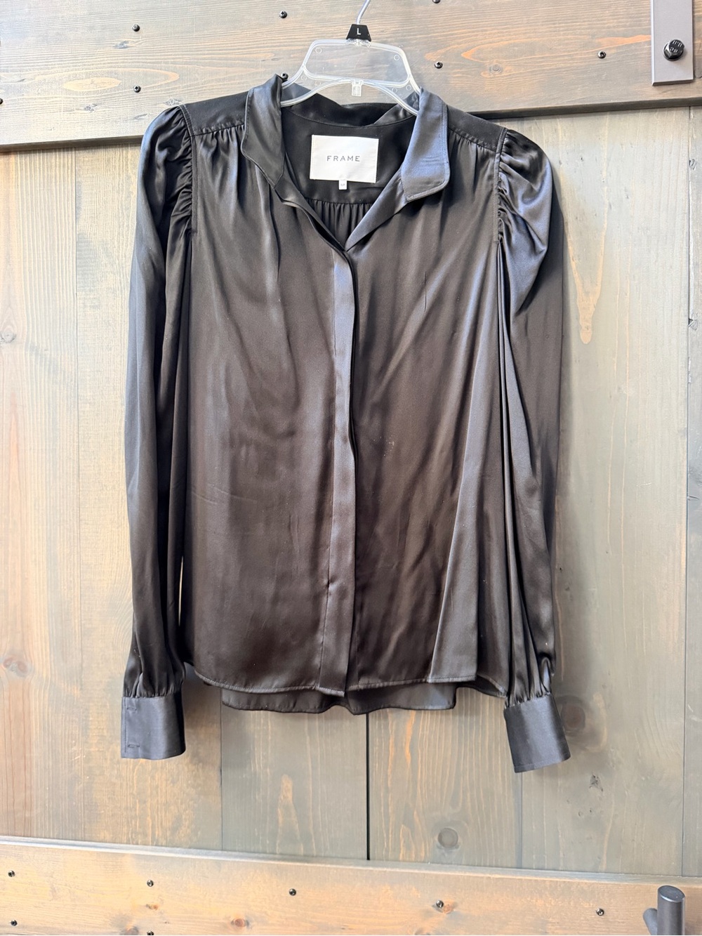 Frame Black Satin Button-Front Puff-Sleeve Shirt